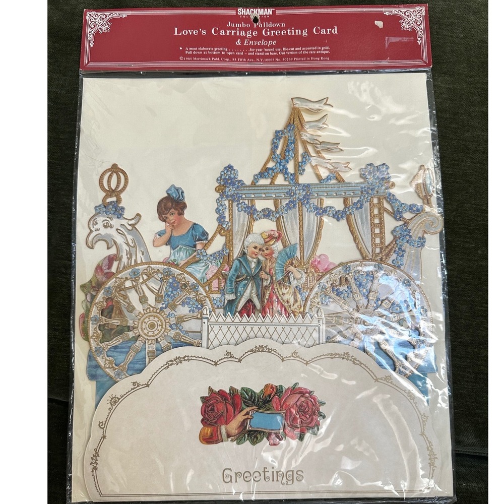 Vtg Shackman "Love's Carriage" Jumbo Pulldown Greeting Card & Envelope 80s NOS